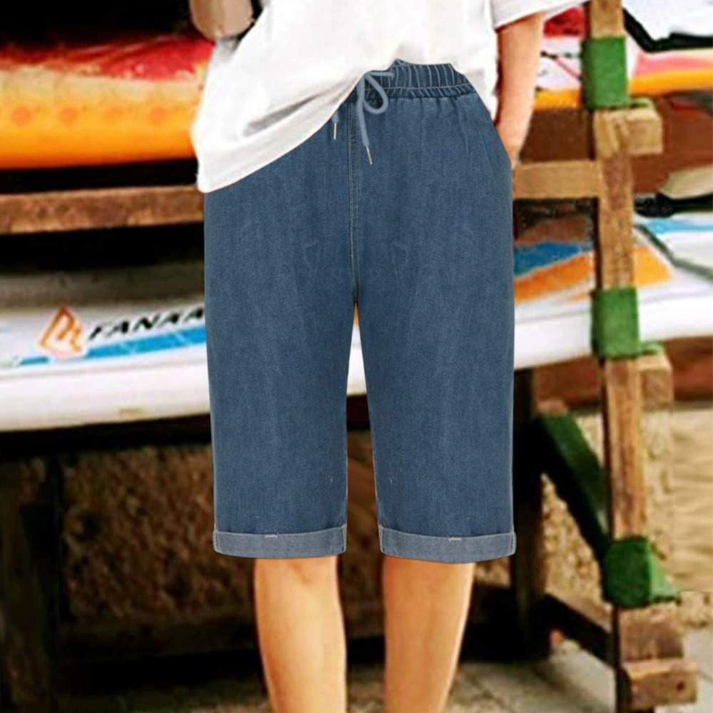 ZARA Wholesale Loose Straight Leg Cuffed Dark Blue Denim Bermuda Shorts
